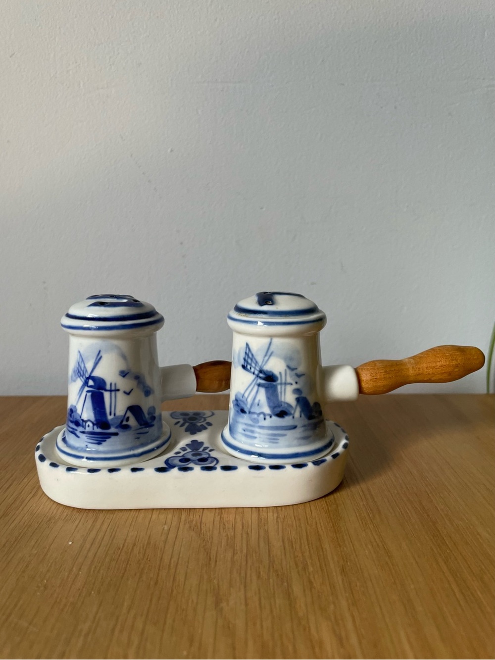 Vintage Midcentury Delft Blue Salt & Pepper Shaker Set with Tray & Wood Handles